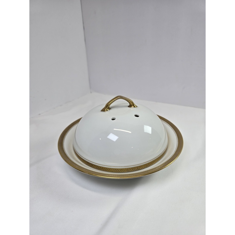 Vintage Victoria Austria Porcelain Covered Butter Dish Gold Trim Strainer Insert